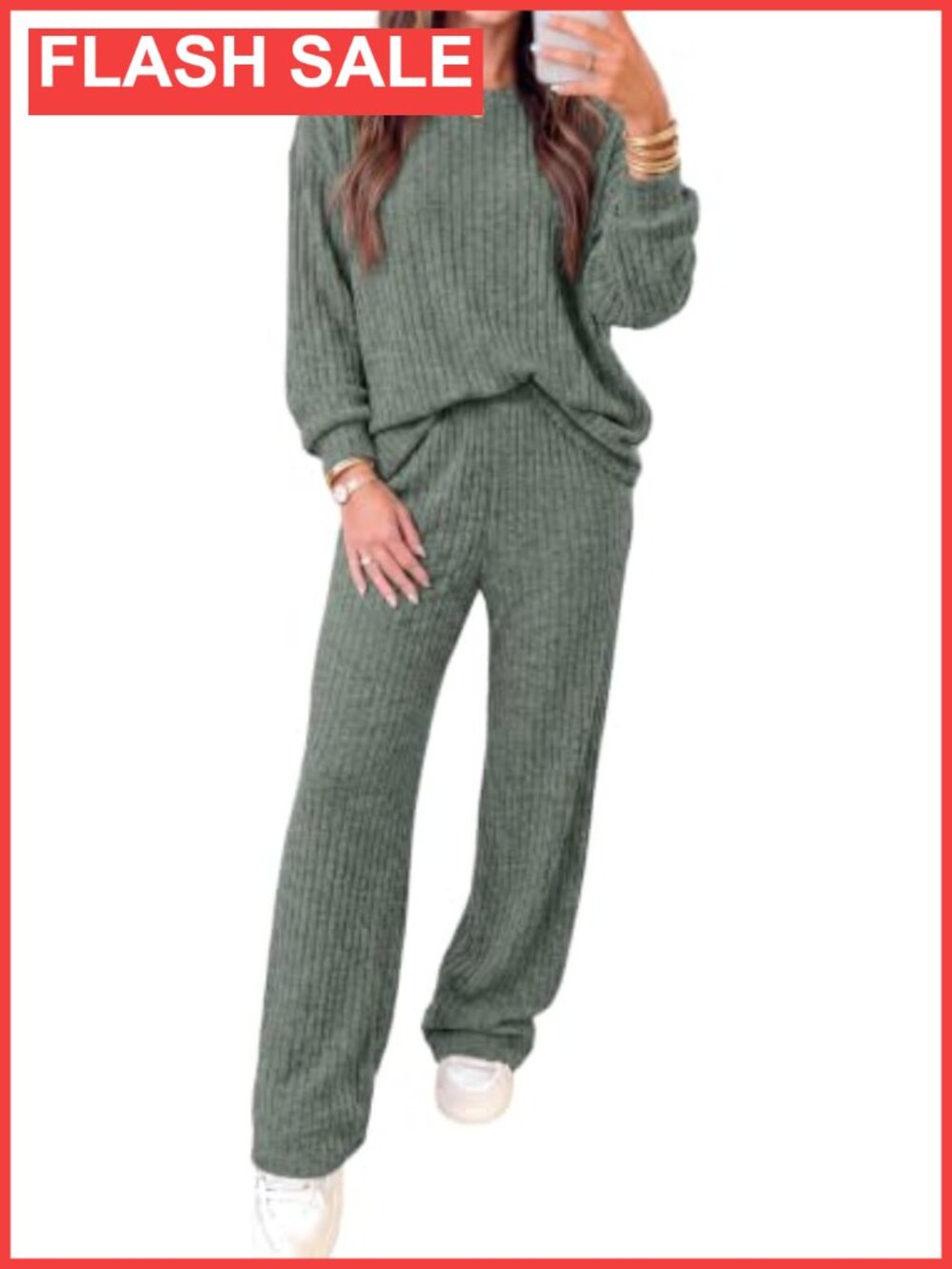 Womens 2 Piece Lounge Set Ribbed Knit Sweater Wide Leg Pants Fall Outfit